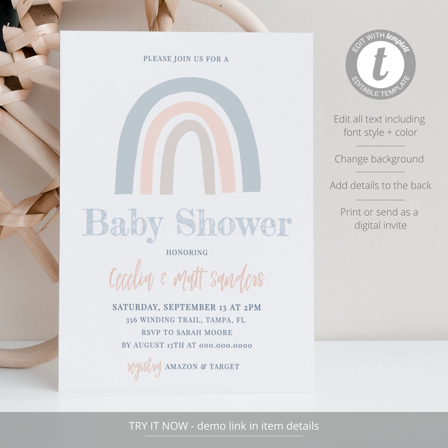 Editable Blue Rainbow Baby Shower Invitation Gender Neutral Baby Shower Invite Set Boho Rainbow  Template