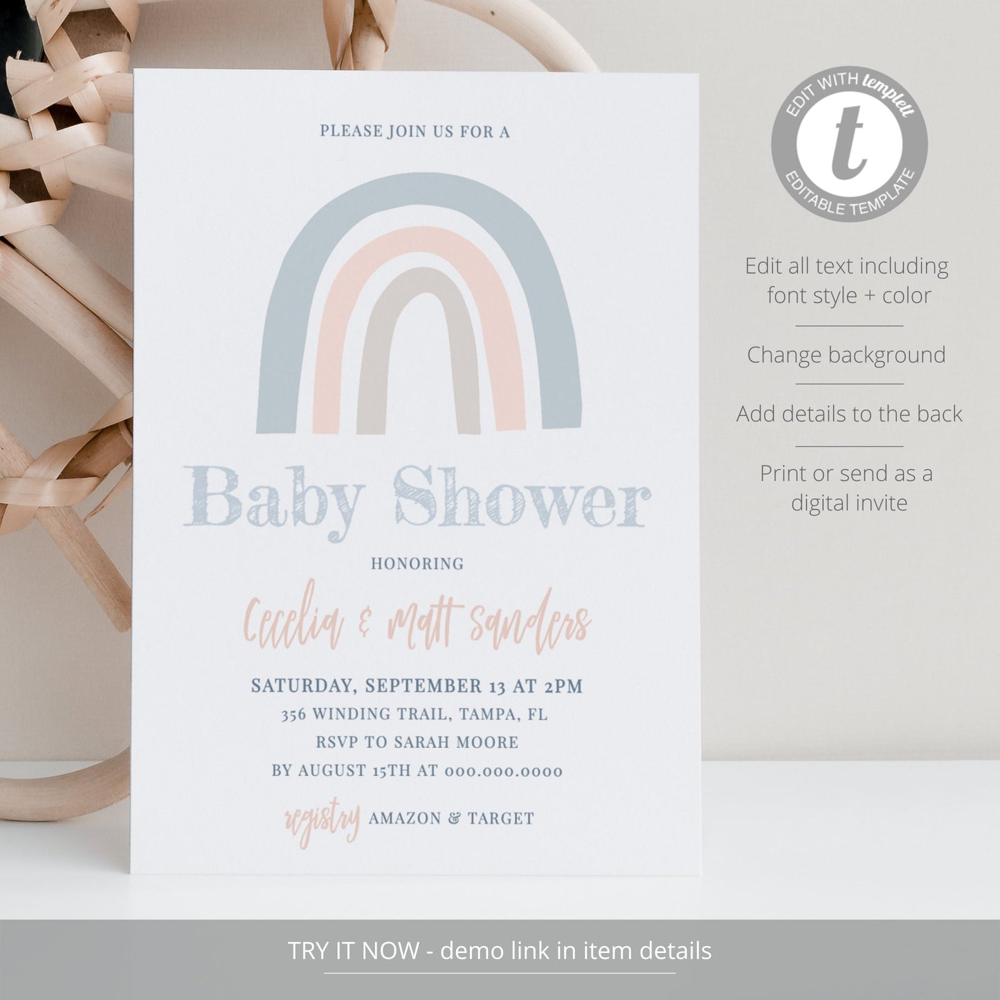 Editable Rainbow Baby Shower Invitation Gender Neutral Baby Shower Invite Set Boho Blue Rainbow  Template