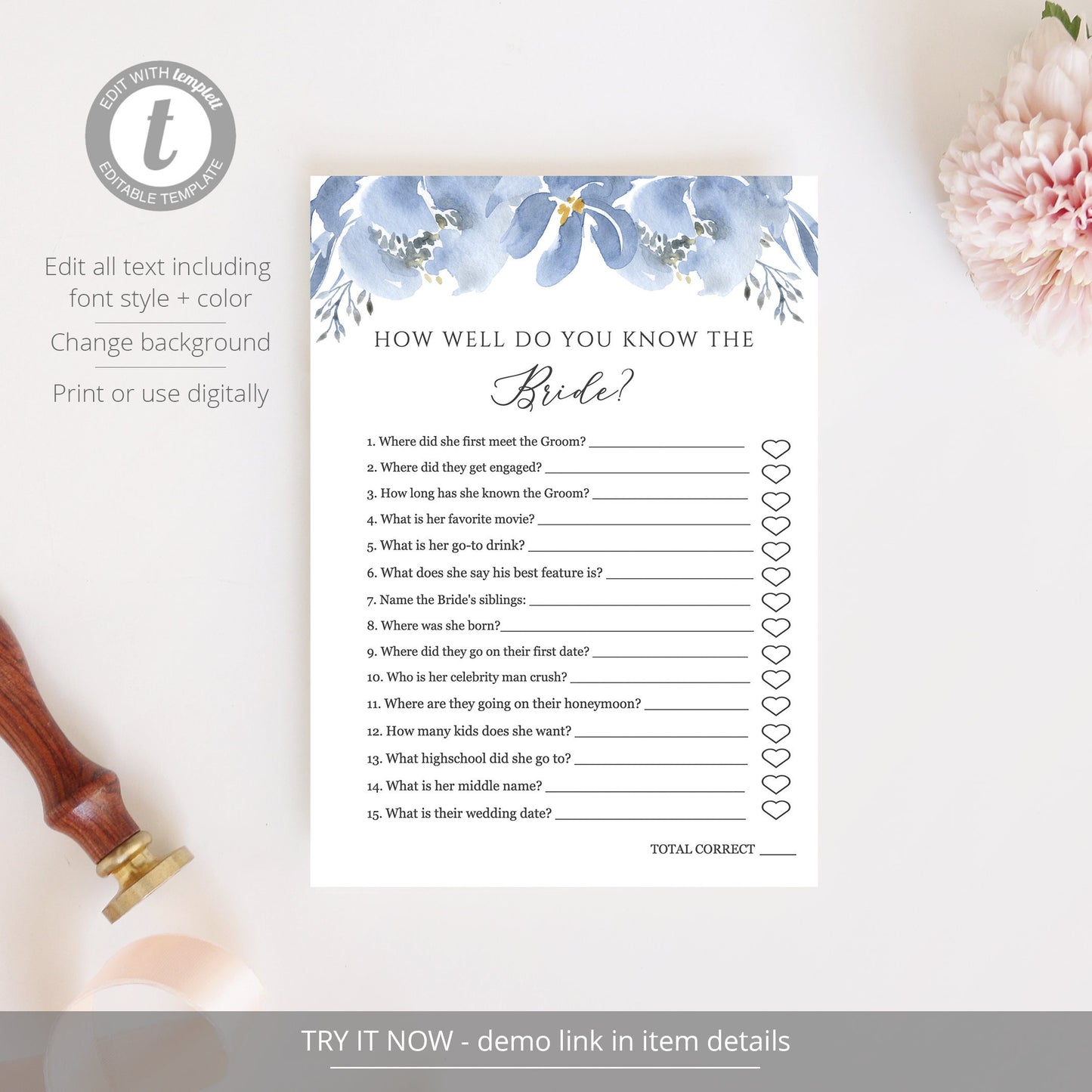Editable How Well Do You Know the Bride Bridal Shower Games Virtual Dusty Blue Floral Template