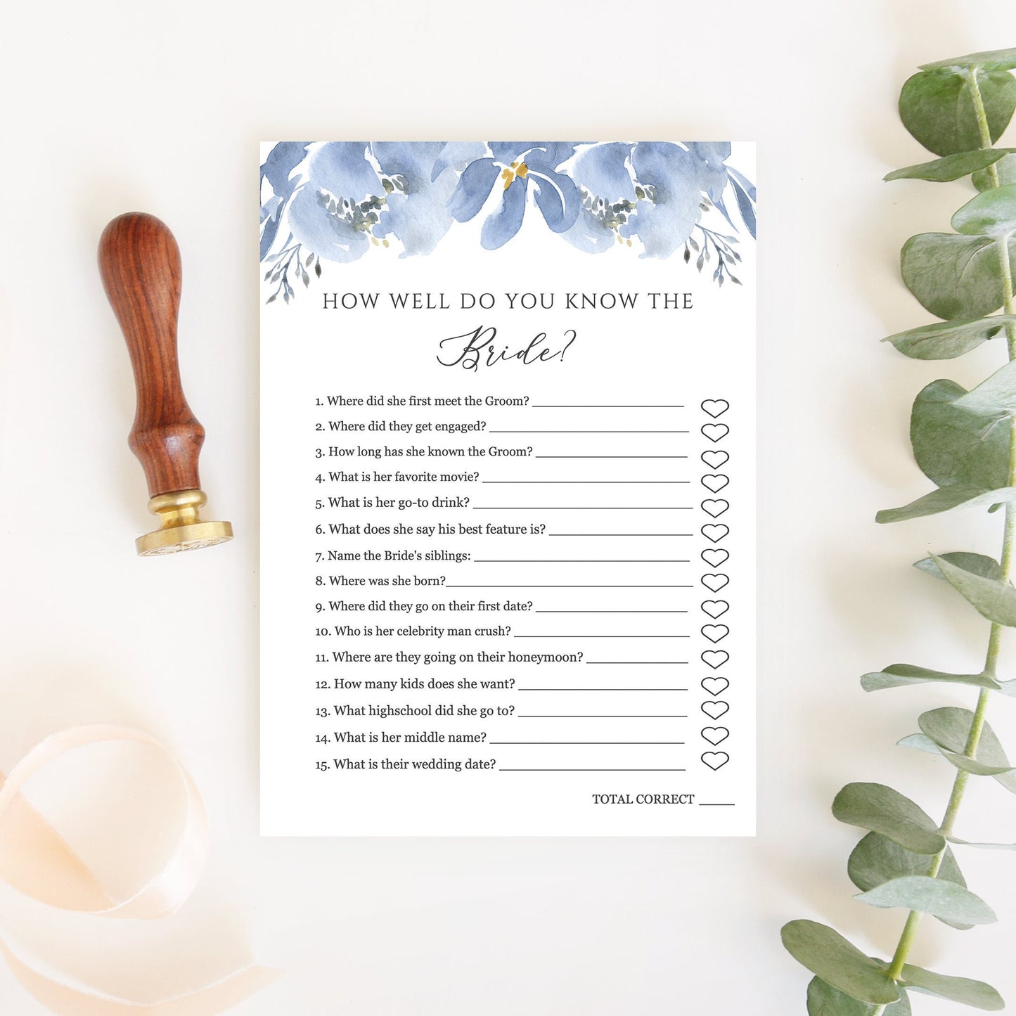 Editable How Well Do You Know the Bride Bridal Shower Games Virtual Dusty Blue Floral Template
