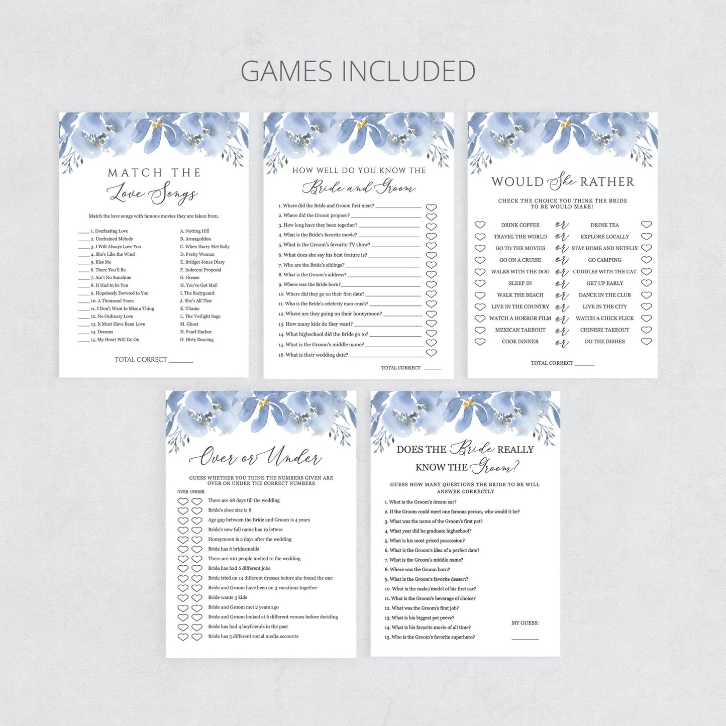 Editable Bridal Shower Games Bundle of 10 Dusty Blue Floral Shower Games Bundle Template