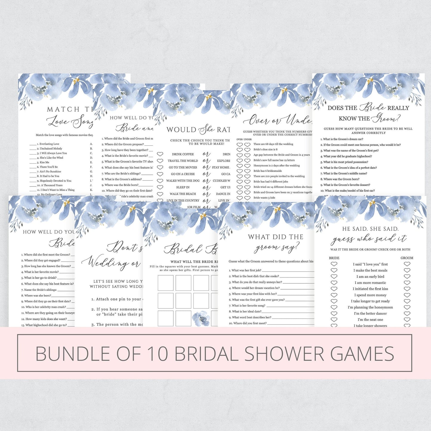Editable Bridal Shower Games Bundle of 10 Dusty Blue Floral Shower Games Bundle Template