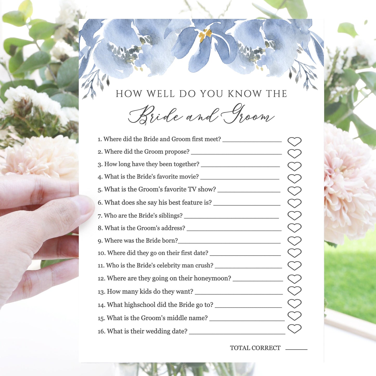 Editable How Well Do You Know the Bride and Groom Bridal Shower Games Dusty Blue Wedding Game Template