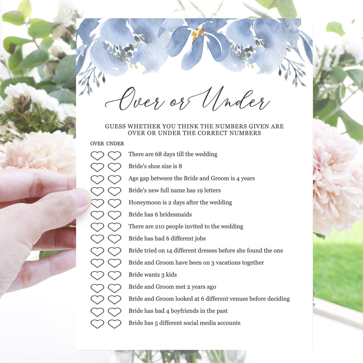 Editable Over or Under Game Bridal Shower Games Dusty Blue Floral Template