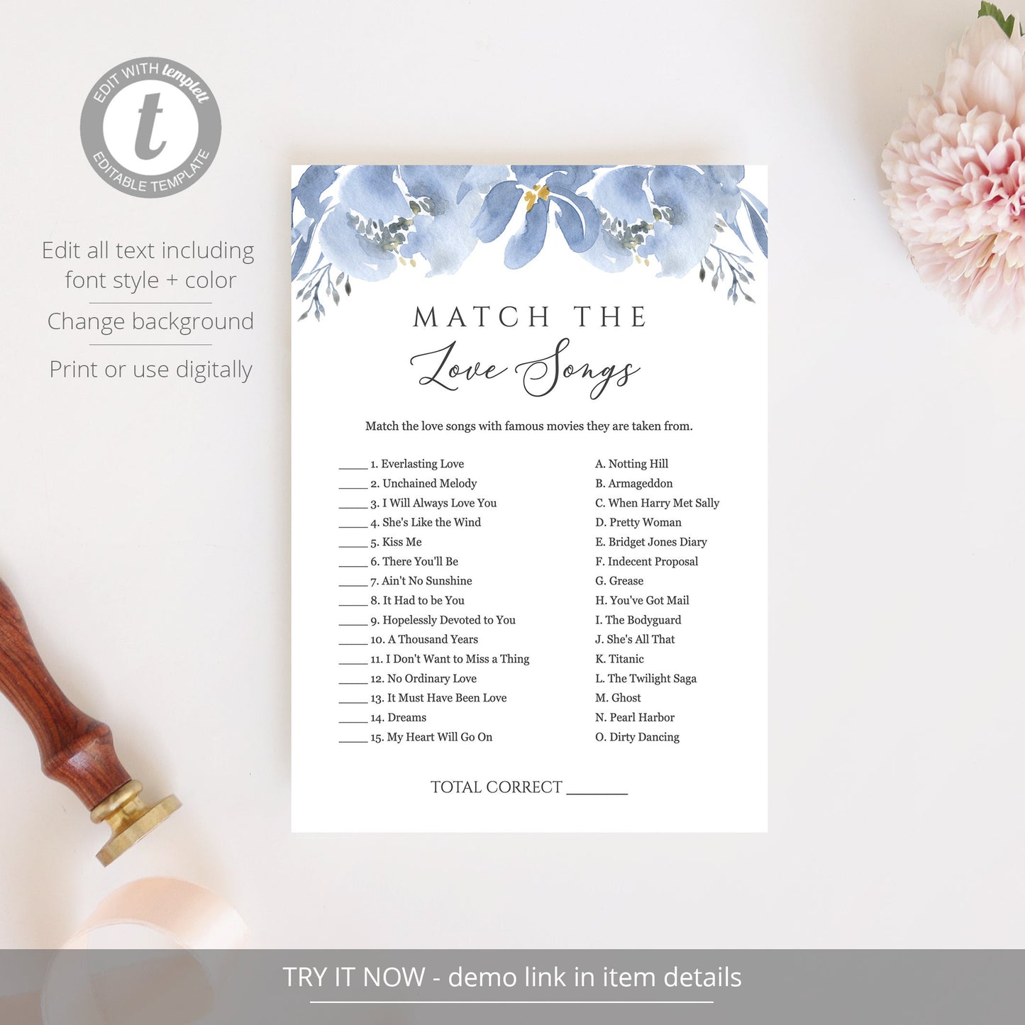 Editable Match the Love Songs Bridal Shower Games Dusty Blue Floral Wedding Shower Games Template