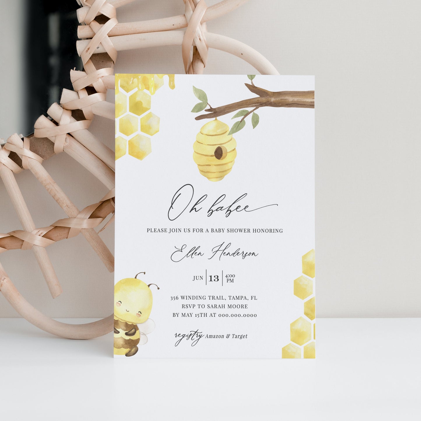 Editable Bee Baby Shower Invitation Oh Babee Shower Invite Honey Bee Baby Shower Invitation Set Template