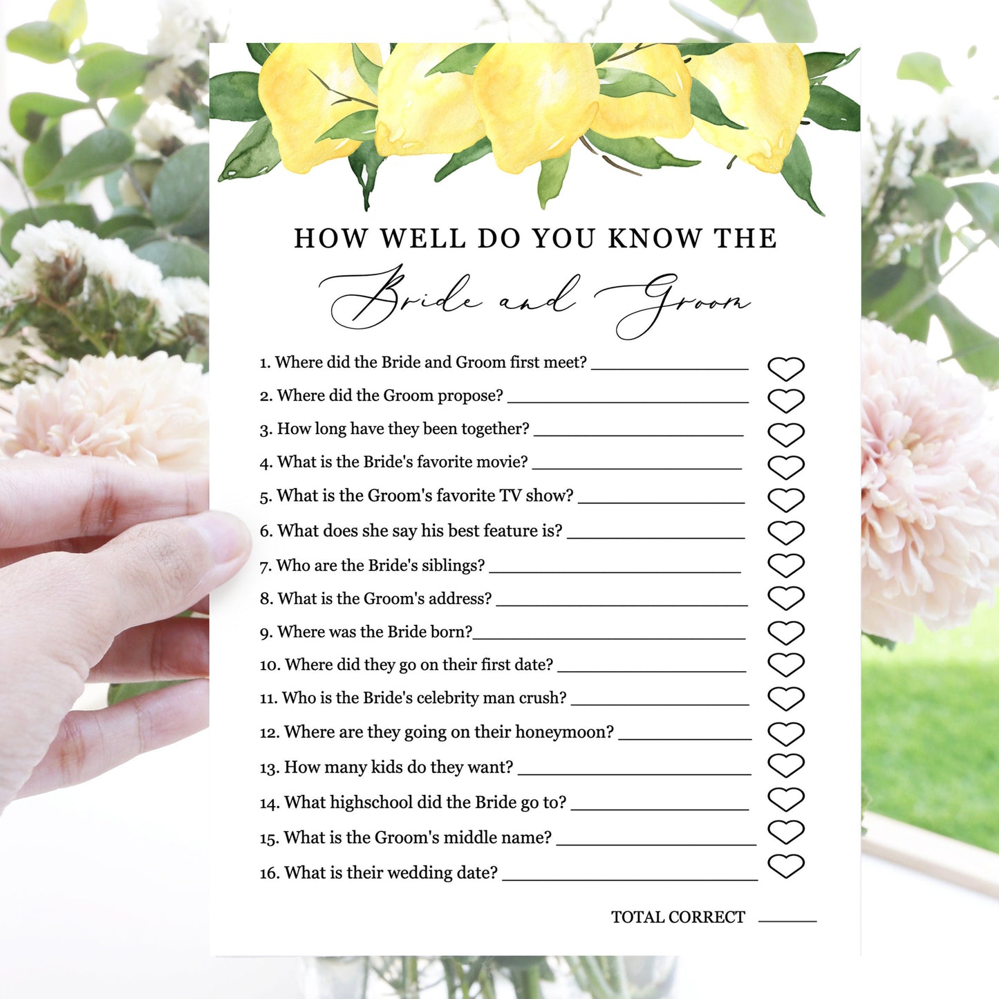 Editable How Well Do You Know the Bride and Groom Bridal Shower Games Lemon Citrus Template