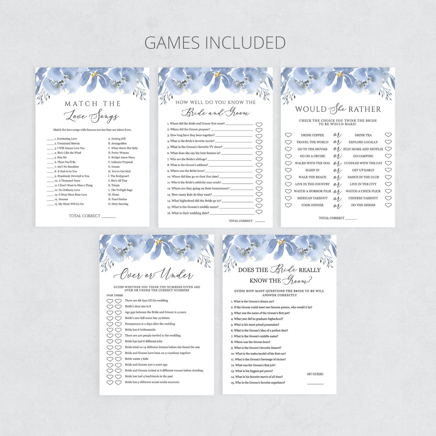 Editable Bridal Shower Games Bundle Dusty Blue Floral Bridal Shower Games Bundle of 5 Template