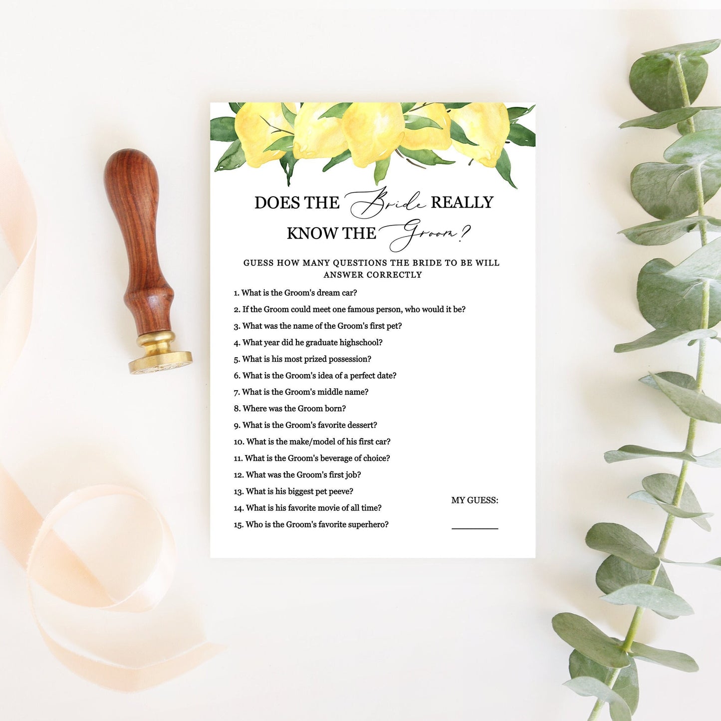 Editable Does the Bride Really Know the Groom Bridal Shower Games Lemon Citrus Template