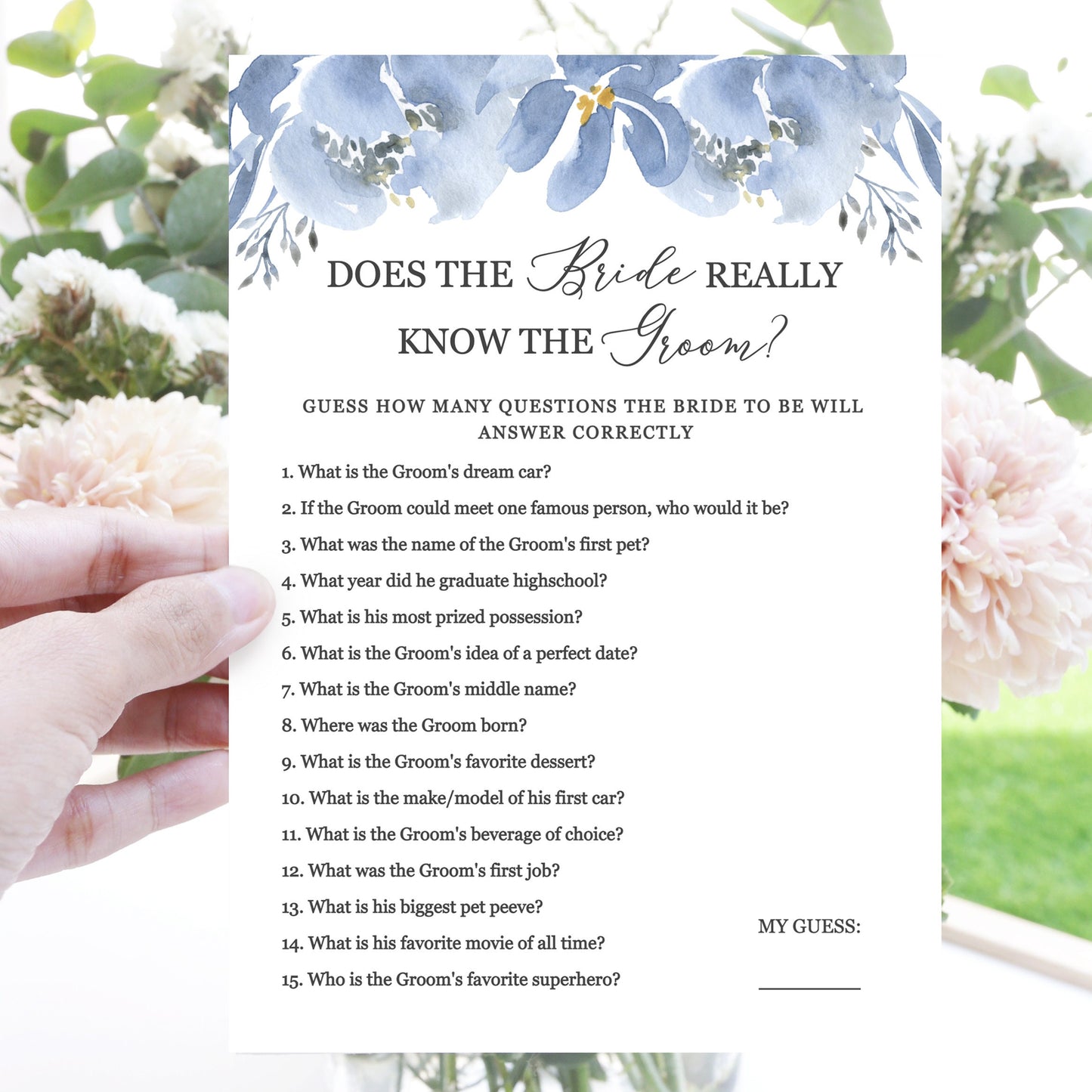 Editable Does the Bride Really Know the Groom Bridal Shower Games Dusty Blue Gray Floral Template