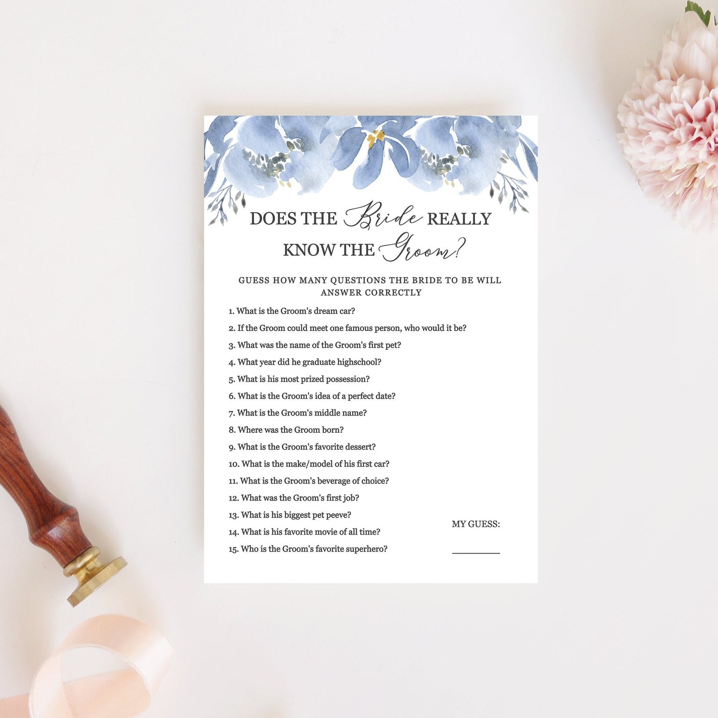 Editable Does the Bride Really Know the Groom Bridal Shower Games Dusty Blue Gray Floral Template