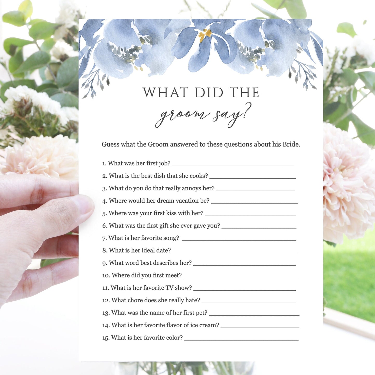 Editable What Did the Groom Say Dusty Blue Gray Bridal Shower Games Wedding Games Template