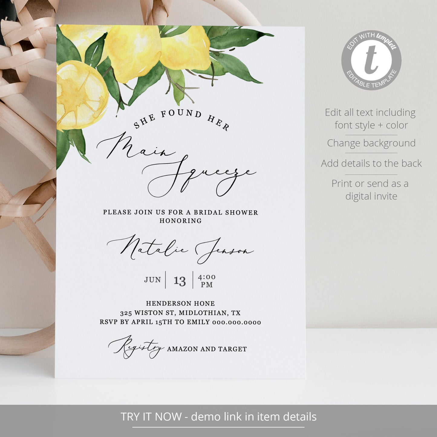 Editable Lemon Bridal Shower Invitation Citrus Bridal Shower Invite Citrus Wedding Shower Template
