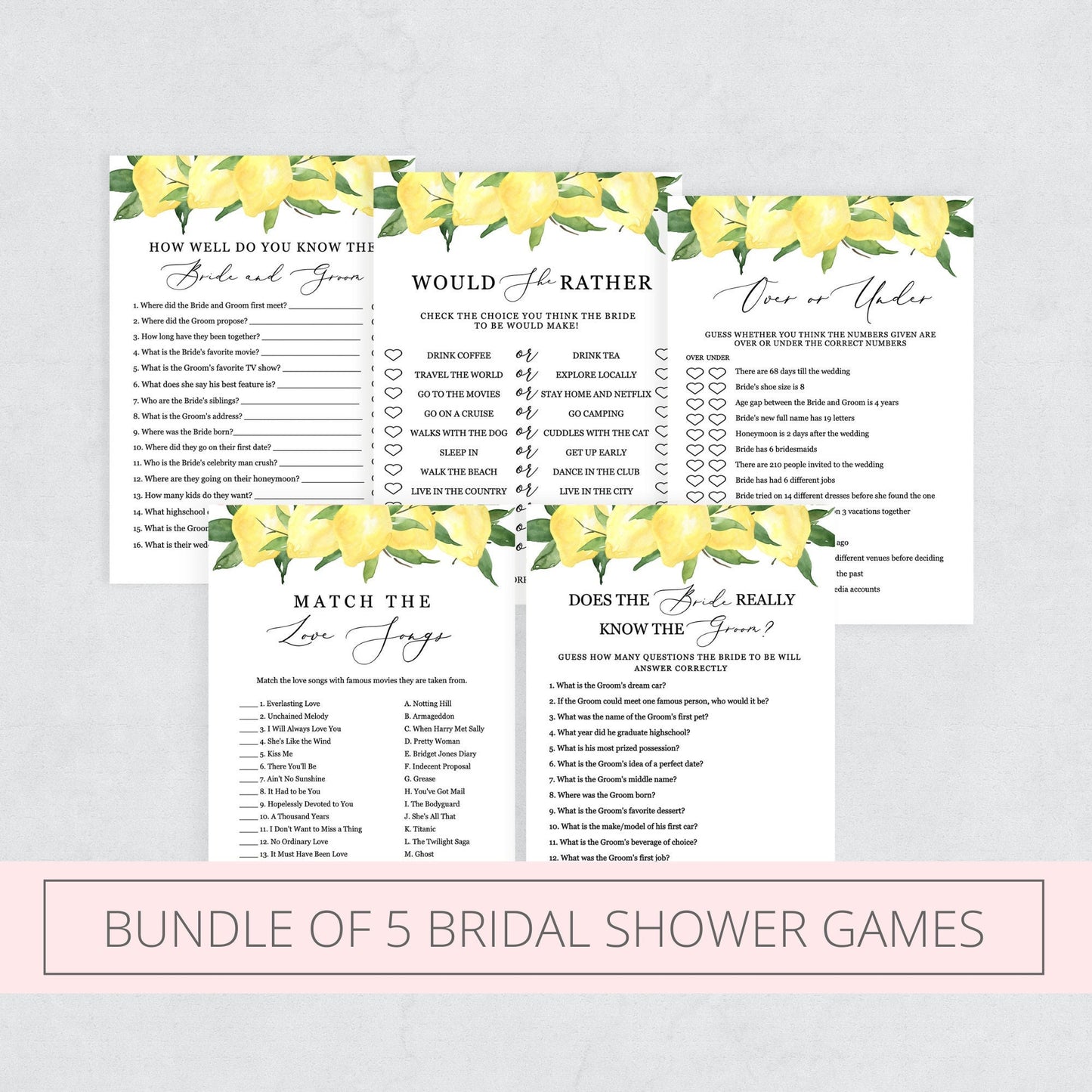 Editable Lemon Bridal Shower Games Bundle Citrus Bridal Shower Games Bundle of 5 Template
