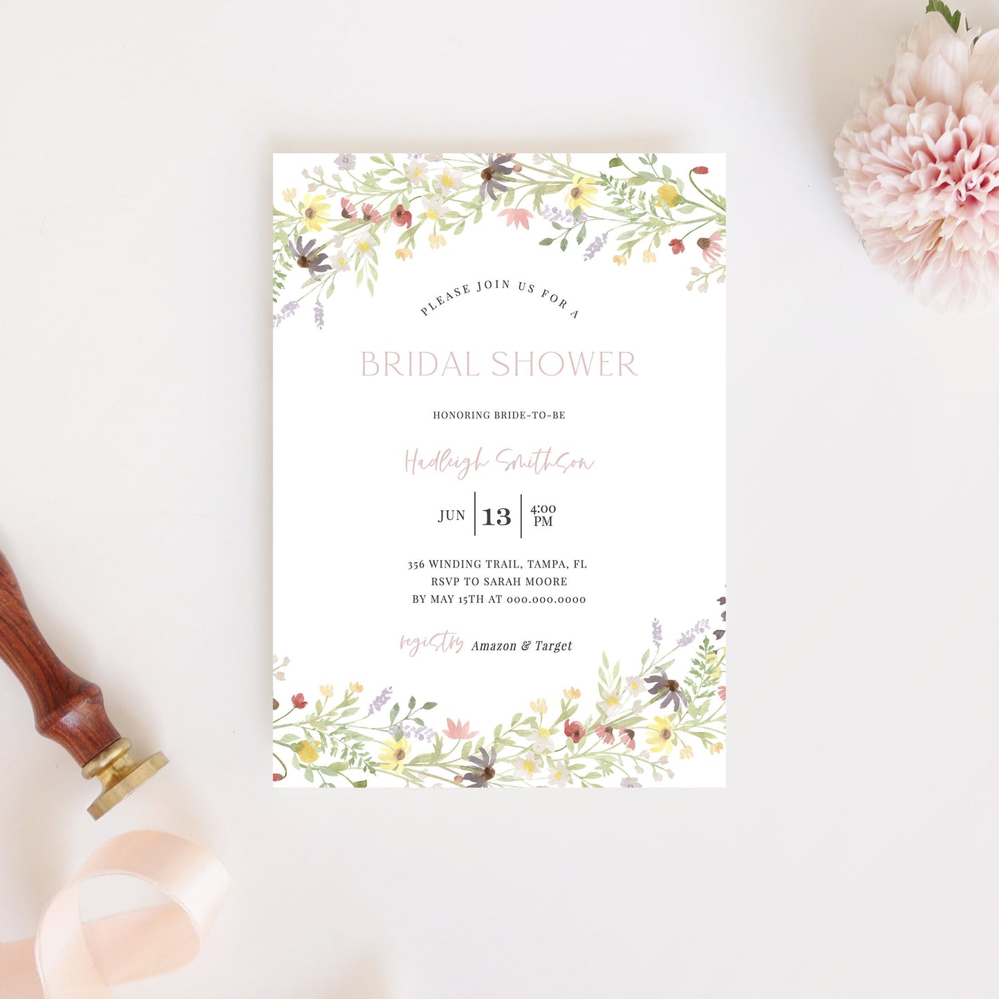 Editable Boho Wildflower Bridal Shower Invitation Floral Bridal Shower Invite Shower Template