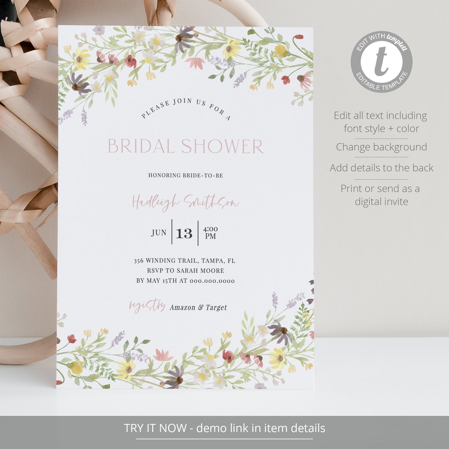 Editable Boho Wildflower Bridal Shower Invitation Floral Bridal Shower Invite Shower Template