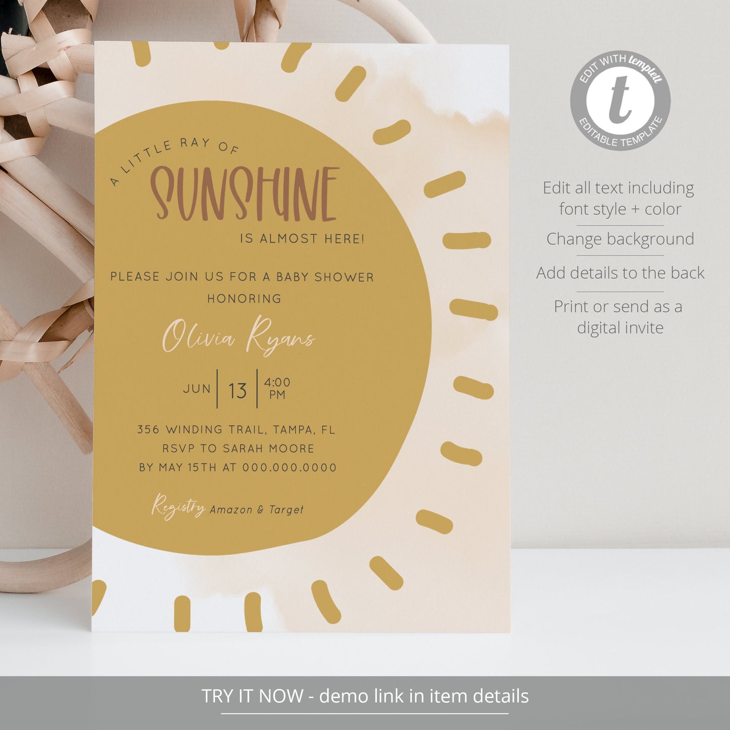 Editable Little Ray of Sunshine Baby Shower Invitation Retro Sunshine Shower Invite Boho Baby Shower Invitation Template