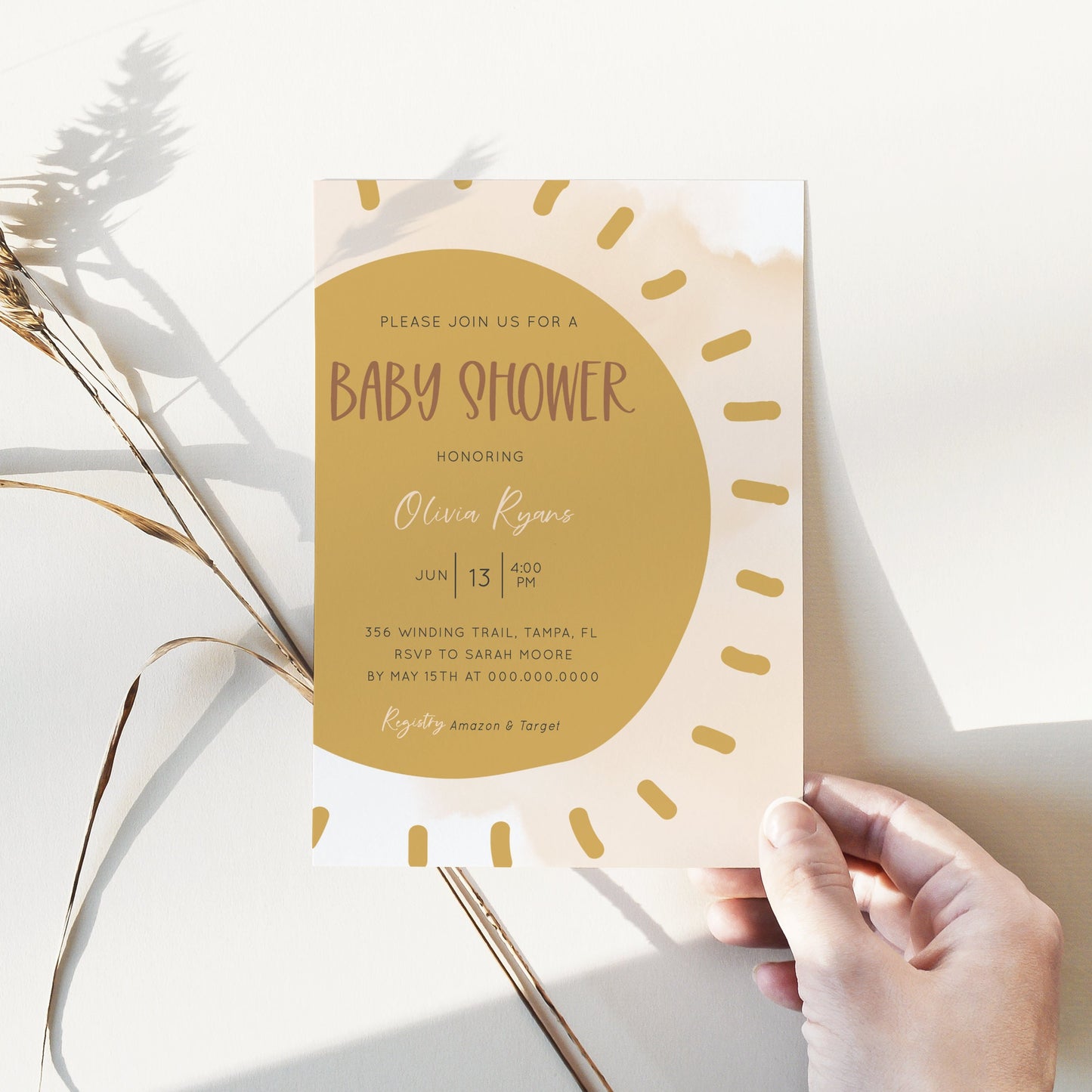 Editable Sunshine Baby Shower Invitation Boho Neutral Shower Invite Gender Neutral Baby Shower Invitation Template