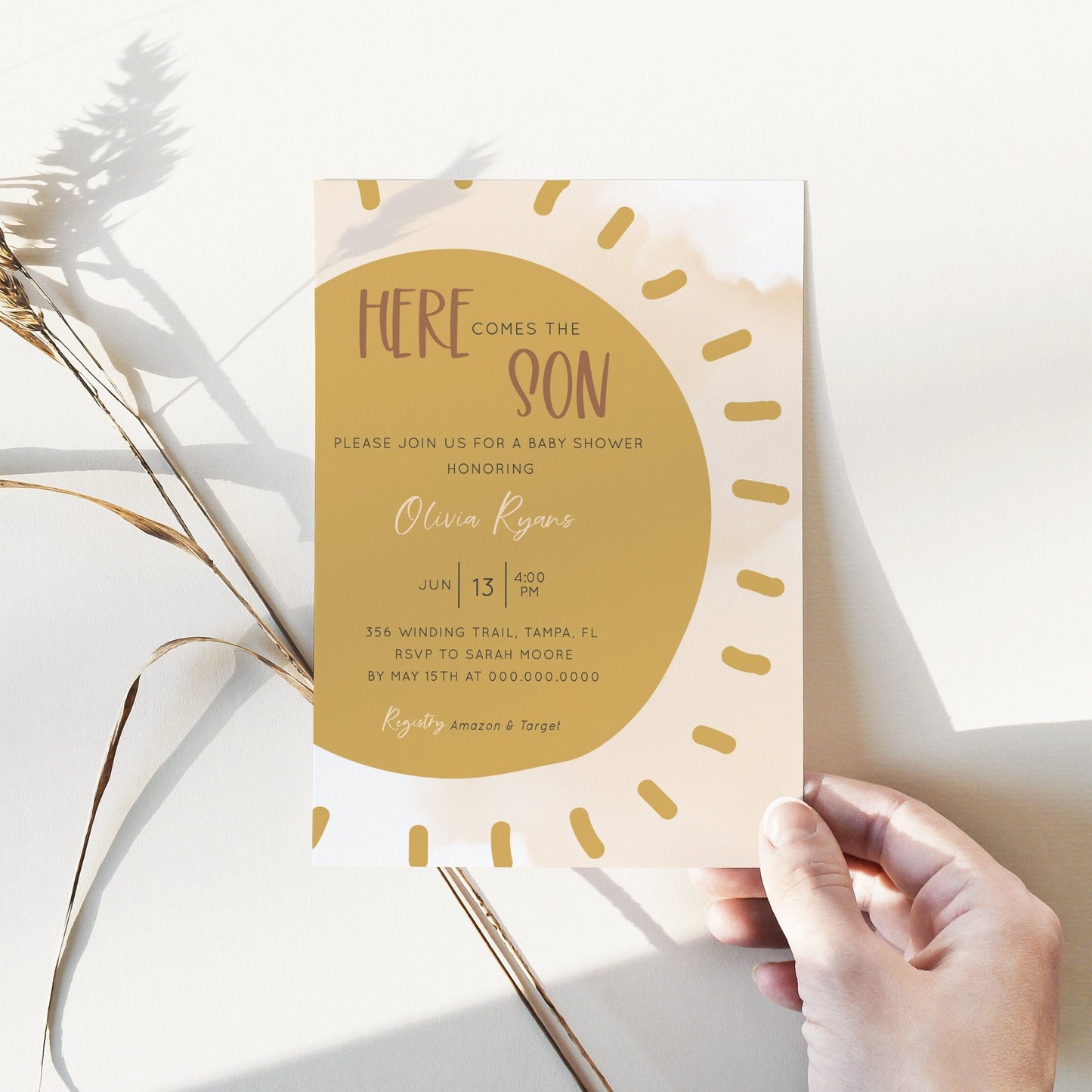 Editable Here Comes the Son Baby Shower Invitation Boho Sun Shower Invite Sunshine Baby Shower Invitation Template