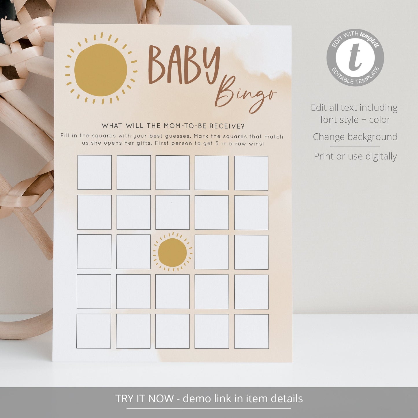Editable Baby Bingo Shower Game Sunshine Baby Shower Games Boho Baby Games Template