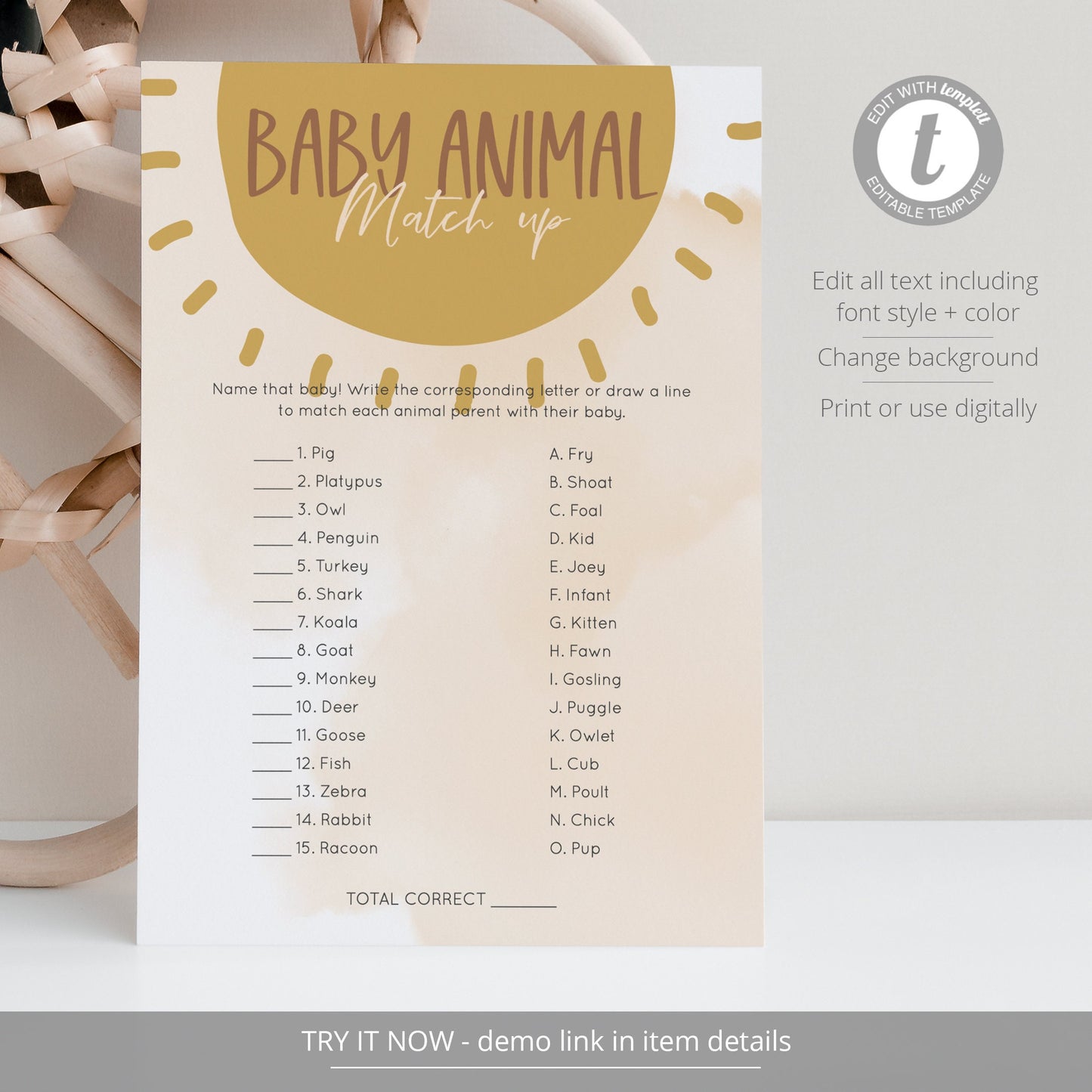 Editable Baby Animal Matching Game Baby Shower Games Boho Sunshine Baby Games Template