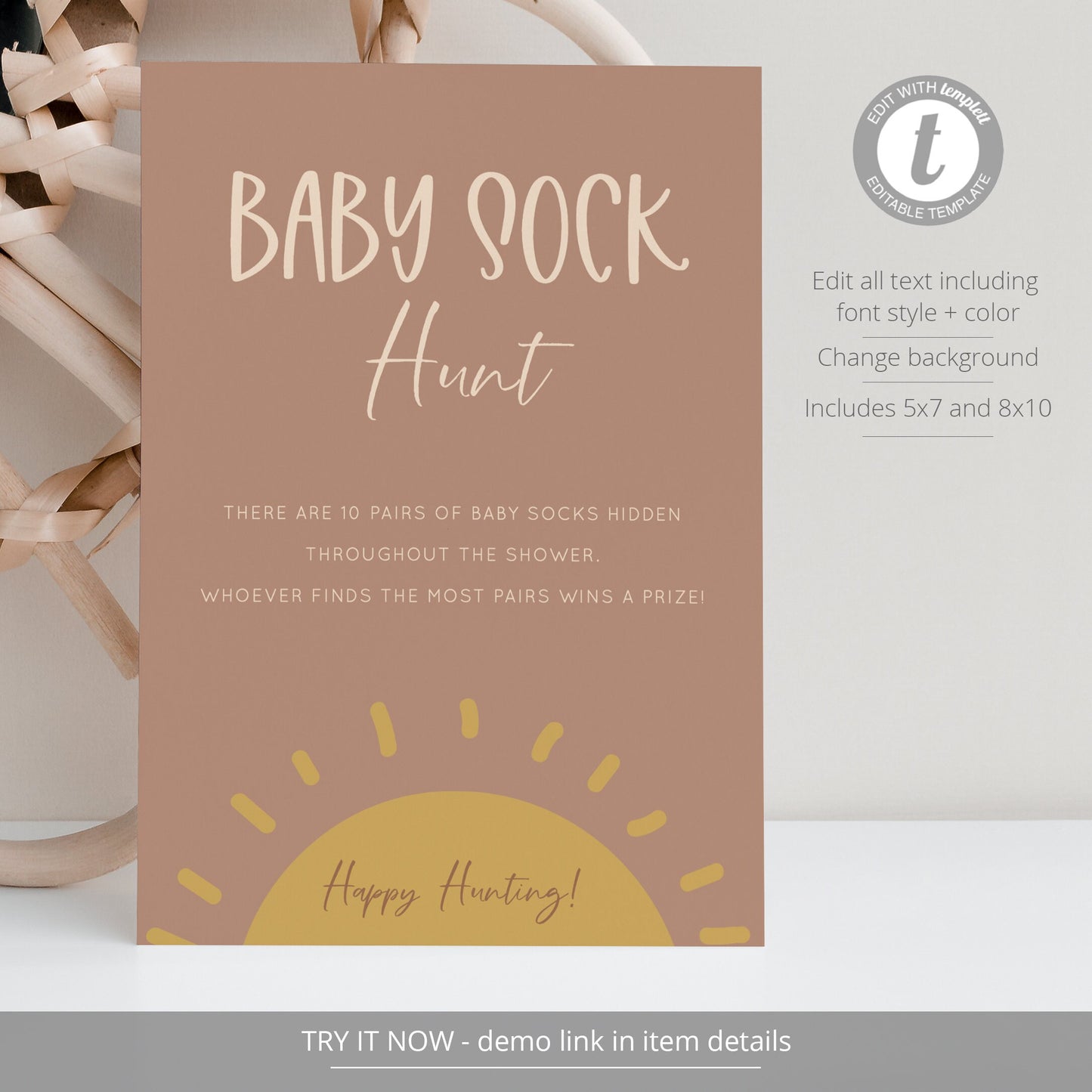 Editable Baby Sock Hunt Game Sign Sunshine Baby Shower Games Baby Sock Baby Shower Game Template