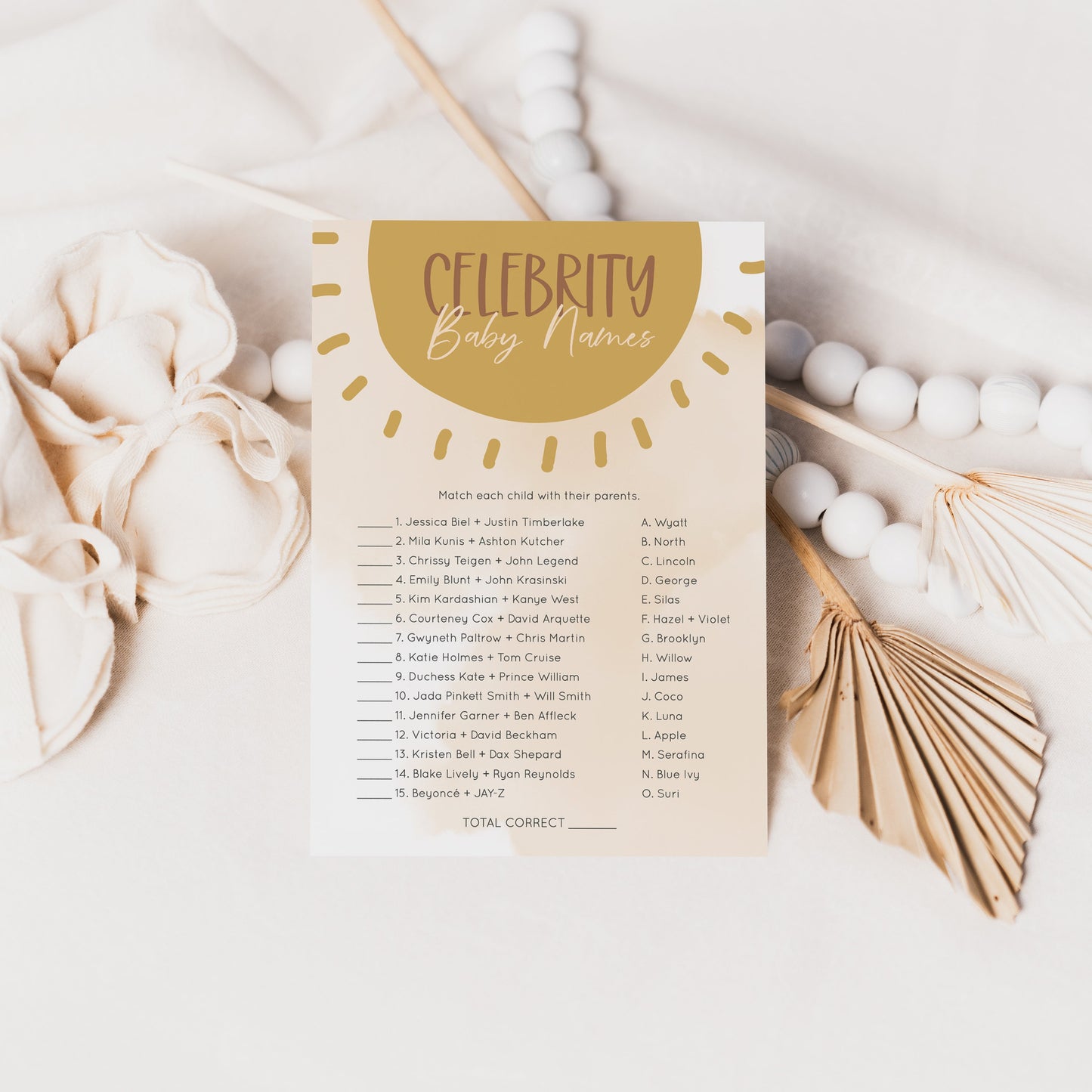Editable Celebrity Baby Names Matching Baby Shower Games Boho Sunshine Baby Games Template