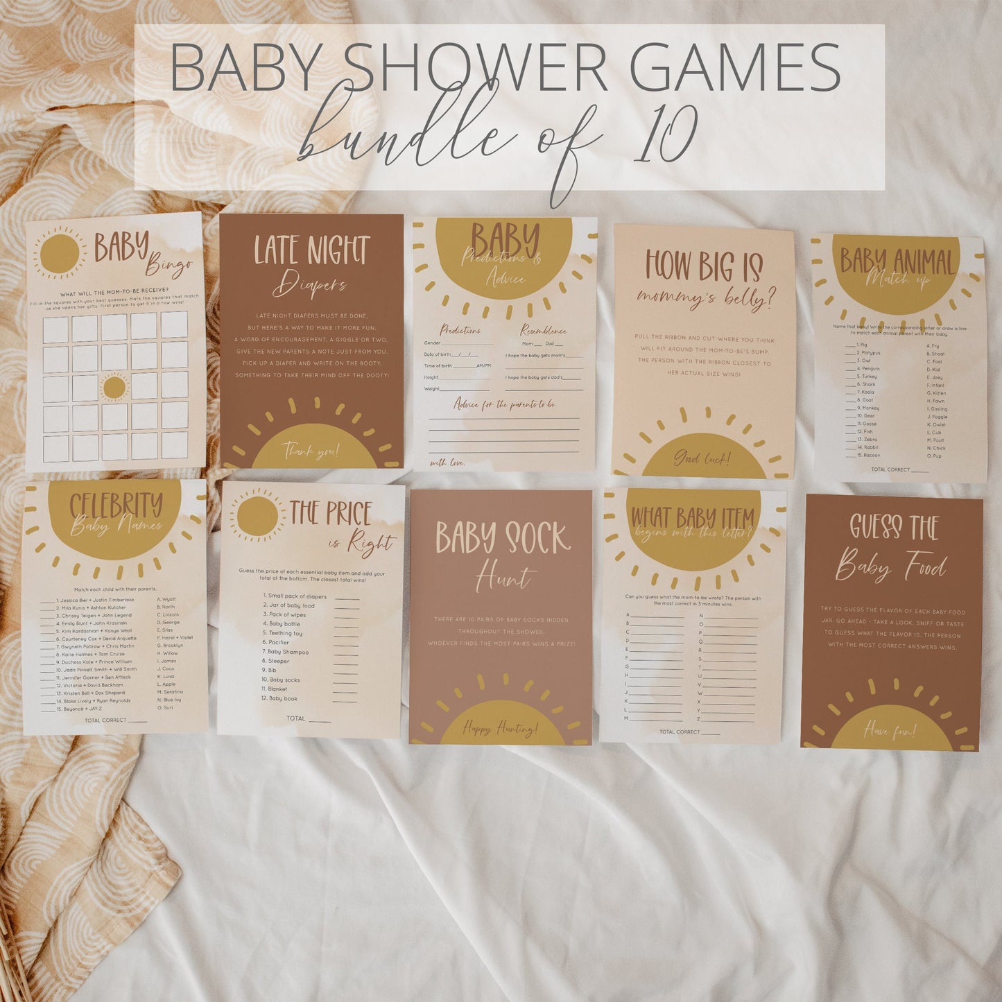 Editable Sunhine Baby Shower Games Bundle of 10 Boho Sunshine Shower Games Bundle Template