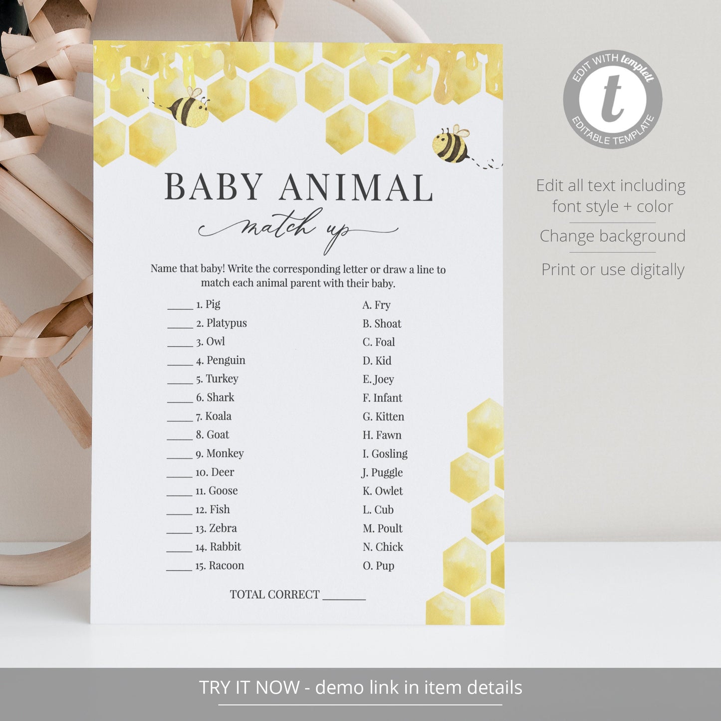 Editable Baby Animal Matching Honeycomb Baby Shower Games Honey Bee Baby Games Template