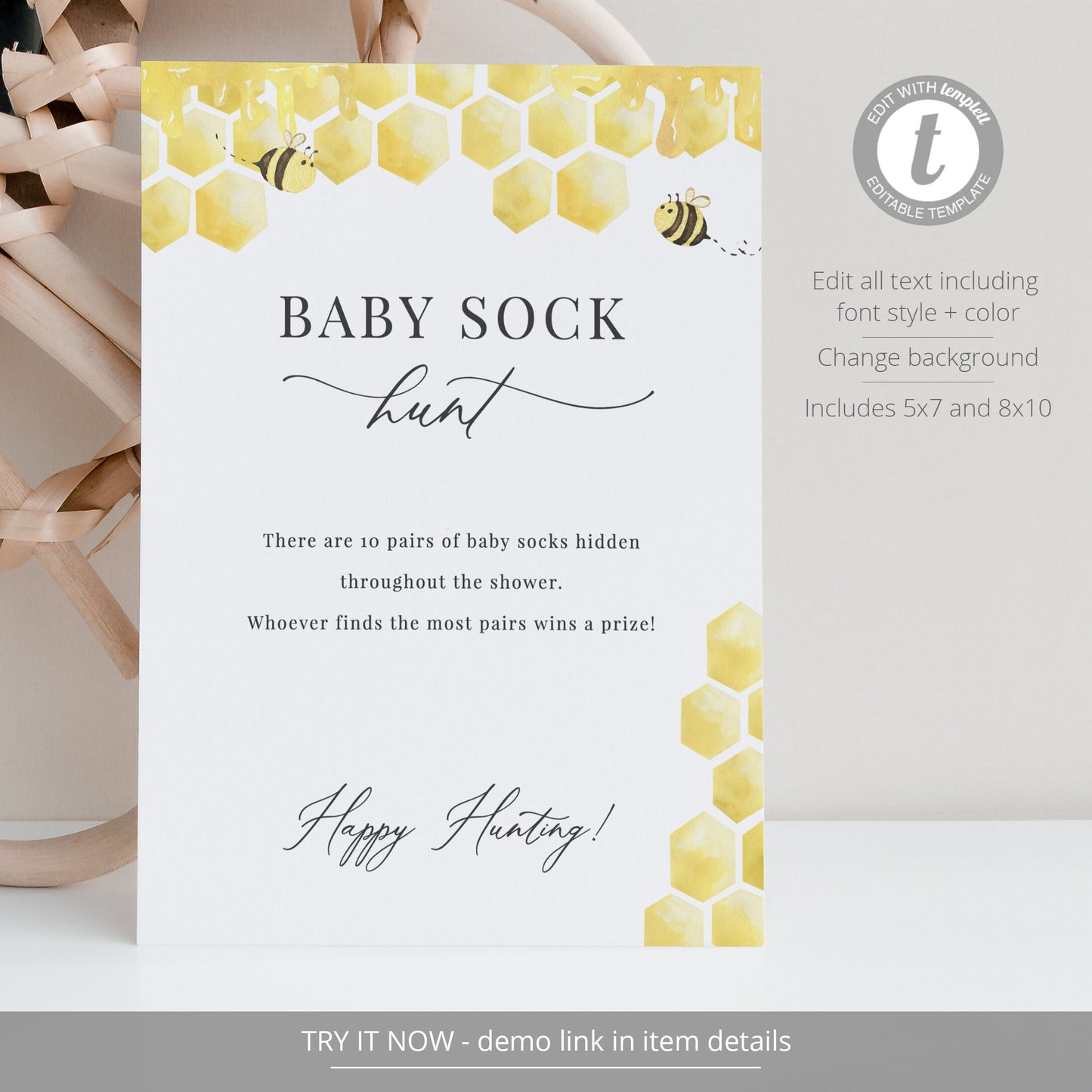 Editable Baby Sock Hunt Game Honey Bee Baby Shower Games Honeycomb Baby Games Template