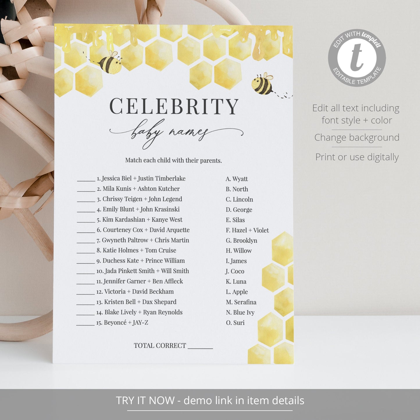 Editable Celebrity Baby Names Matching Honeycomb Baby Shower Games Honey Bee Baby Games Template
