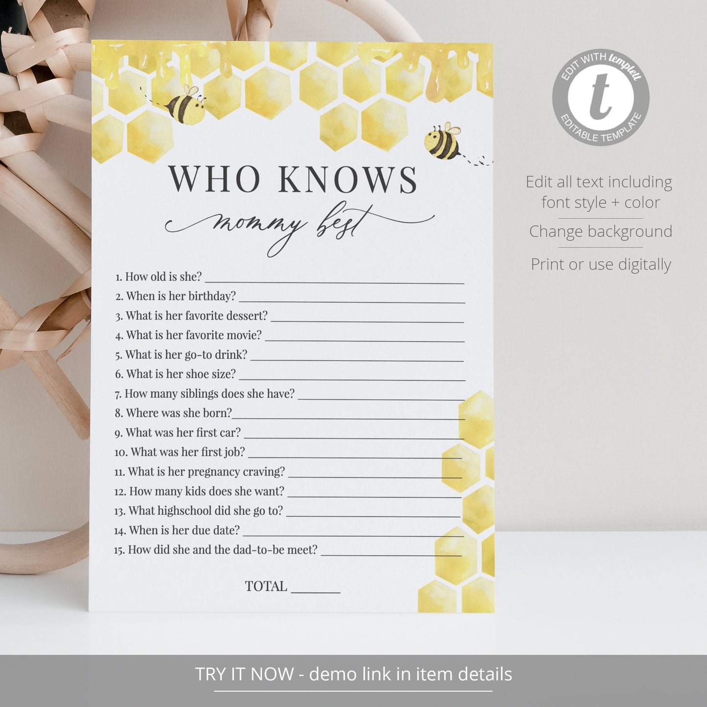 Editable Who Knows Mommy Best Honey Bee Baby Shower Games Honeycomb Baby Games Template