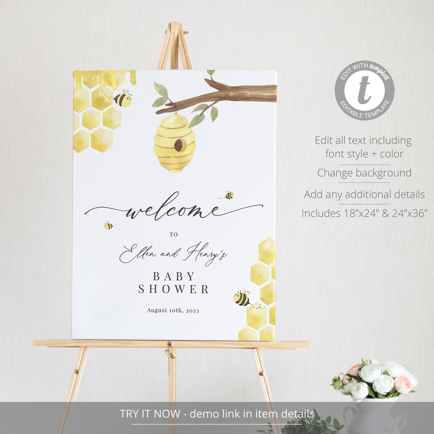 Editable Honey Bee Baby Shower Welcome Sign Honeycomb Baby Shower Welcome Poster Sweet as can Bee Template