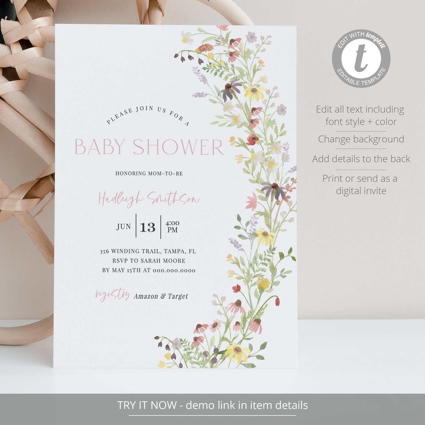 Editable Wildflower Baby Shower Invitation Set Floral Baby Girl Shower Invite Template