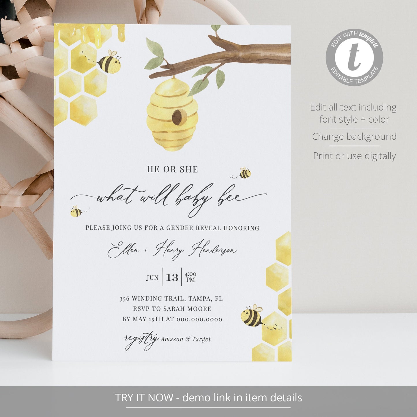 Editable Honey Bee Gender Reveal Invitation What Will Baby Bee Invite Bumble Bee Baby Shower Invitation Template