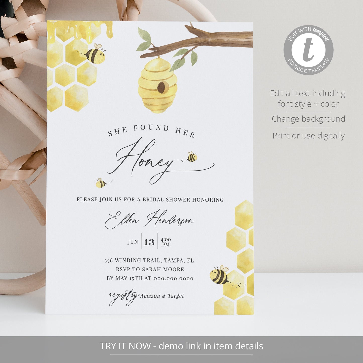 Editable She Found Her Honey Bridal Shower Invitation Honey Bee Honeycomb Bridal Shower Invite Template