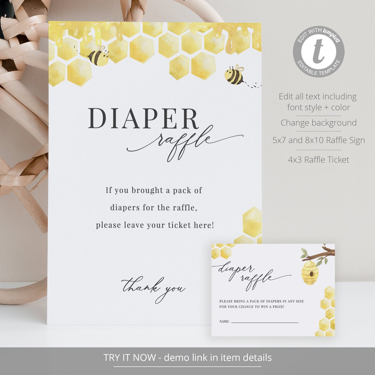 Editable Diaper Raffle Sign and Insert Honey Bee Baby Shower Games Diaper Baby Shower Game Template