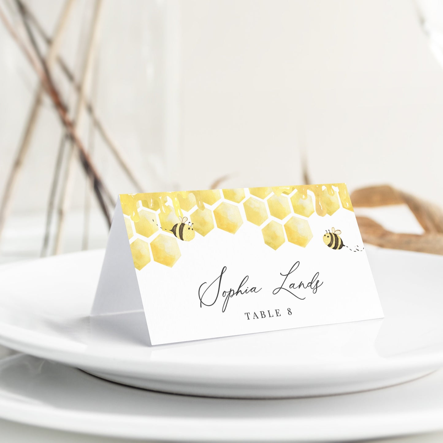 Editable Honey Bee Place Card Honeycomb Bumble Bee Wedding Name Card Escort Card Template