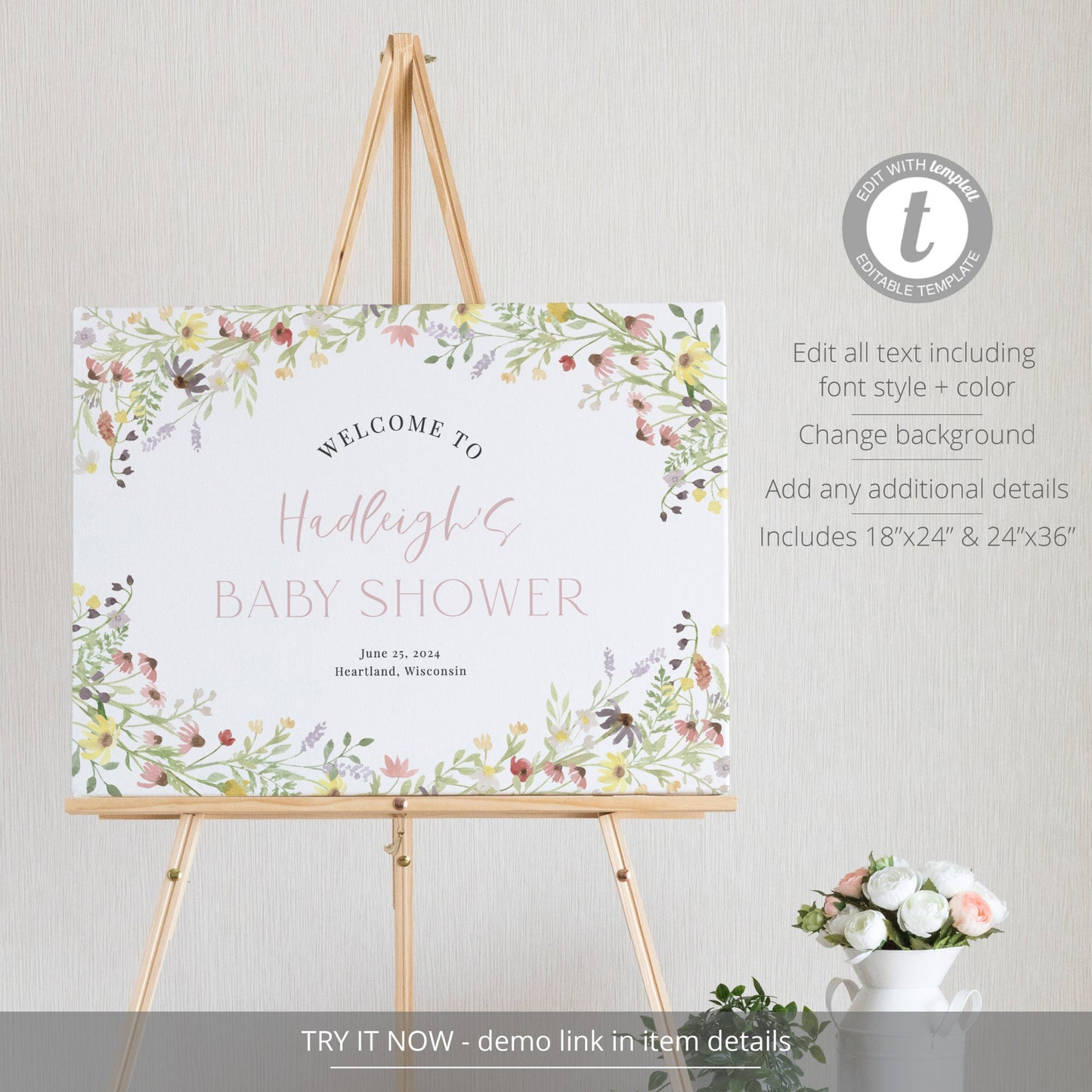 Editable Wildflower Baby Shower Welcome Sign Baby Shower Welcome Poster Floral Template