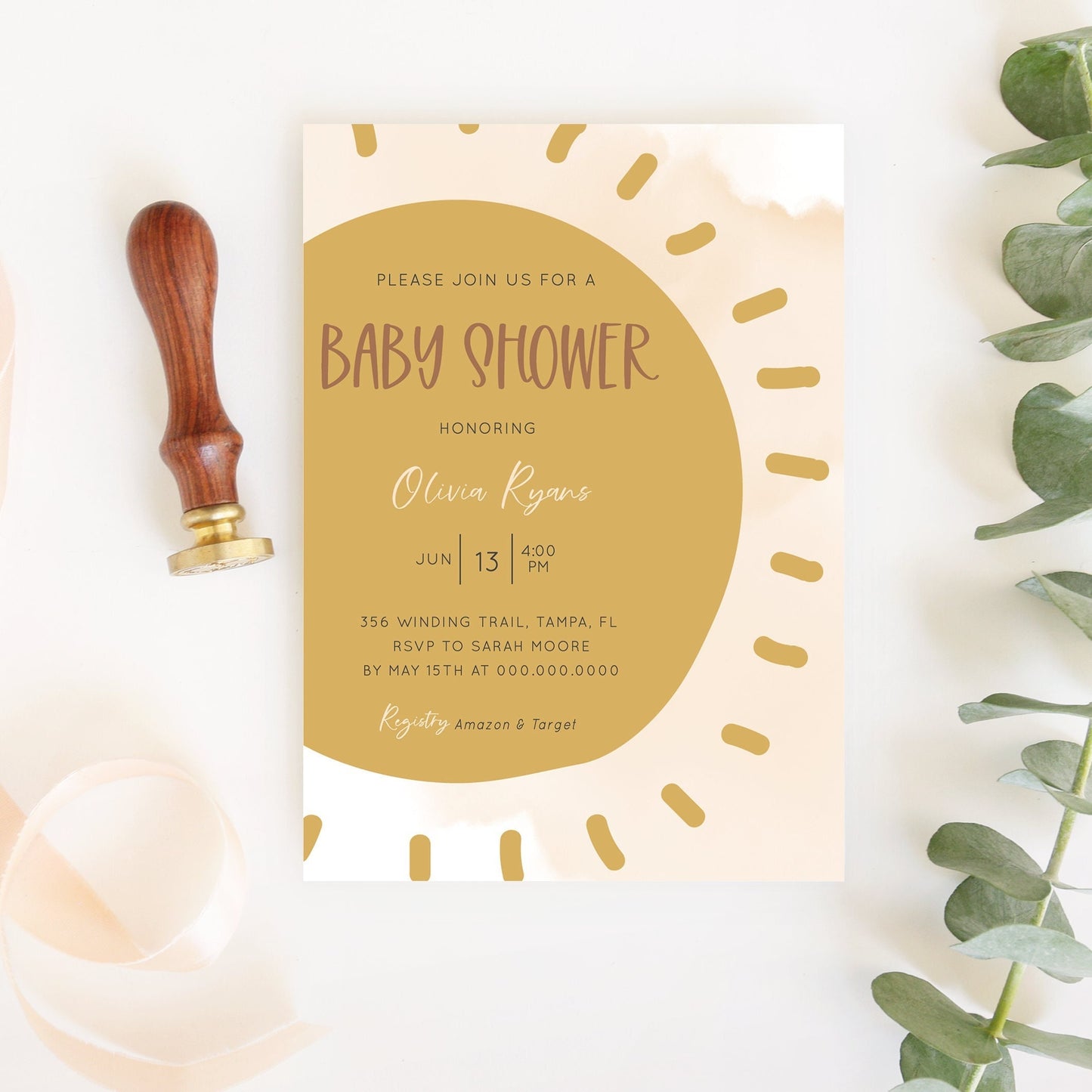 Editable Sunshine Baby Shower Invitation Boho Neutral Shower Invite Gender Neutral Baby Shower Invitation Template