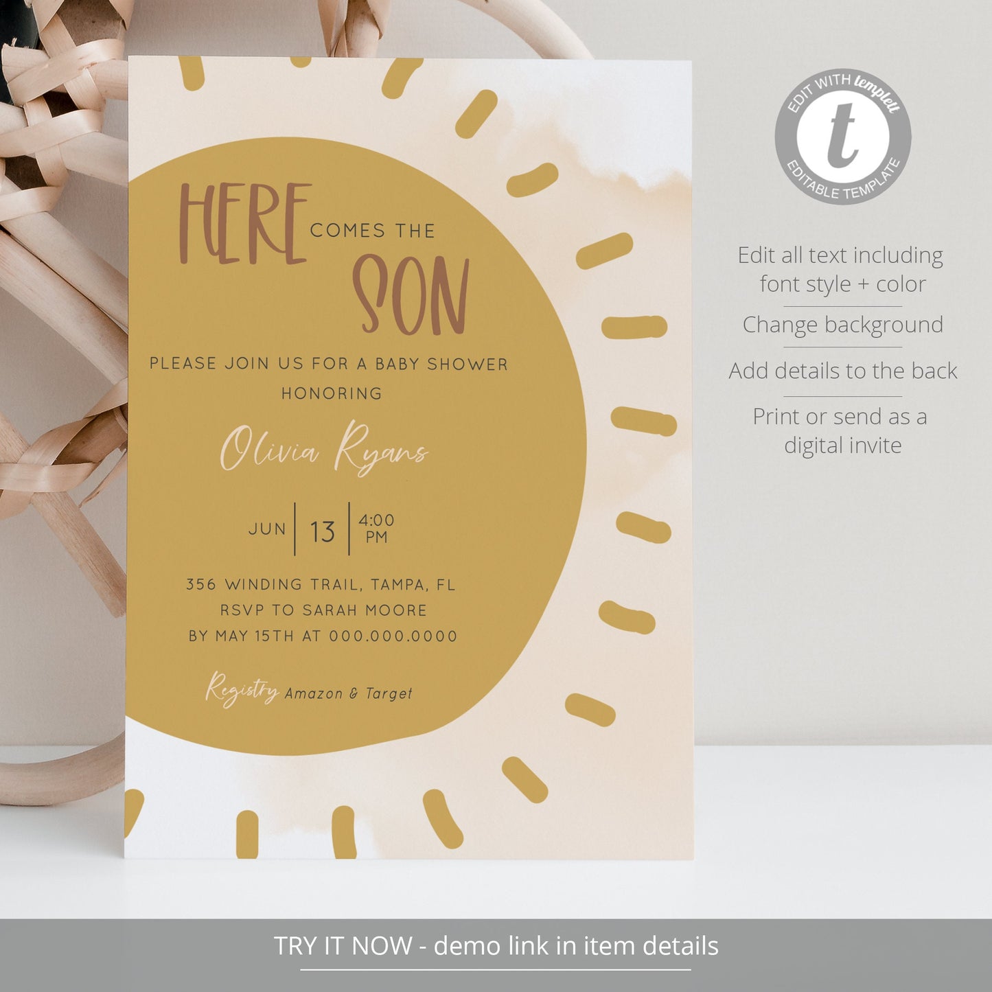 Editable Here Comes the Son Baby Shower Invitation Set Boho Sunshine Shower Invite Baby Shower Invitation Bundle Template