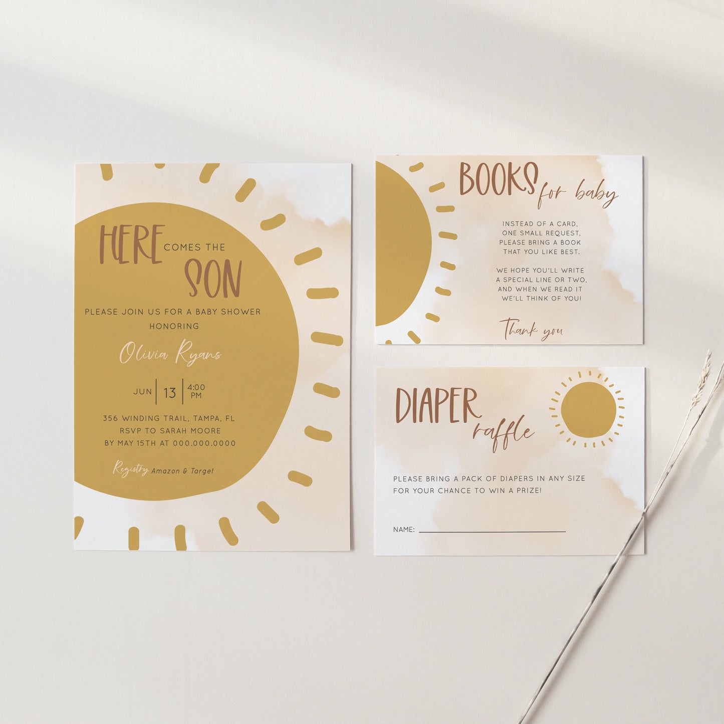 Editable Here Comes the Son Baby Shower Invitation Set Boho Sunshine Shower Invite Baby Shower Invitation Bundle Template