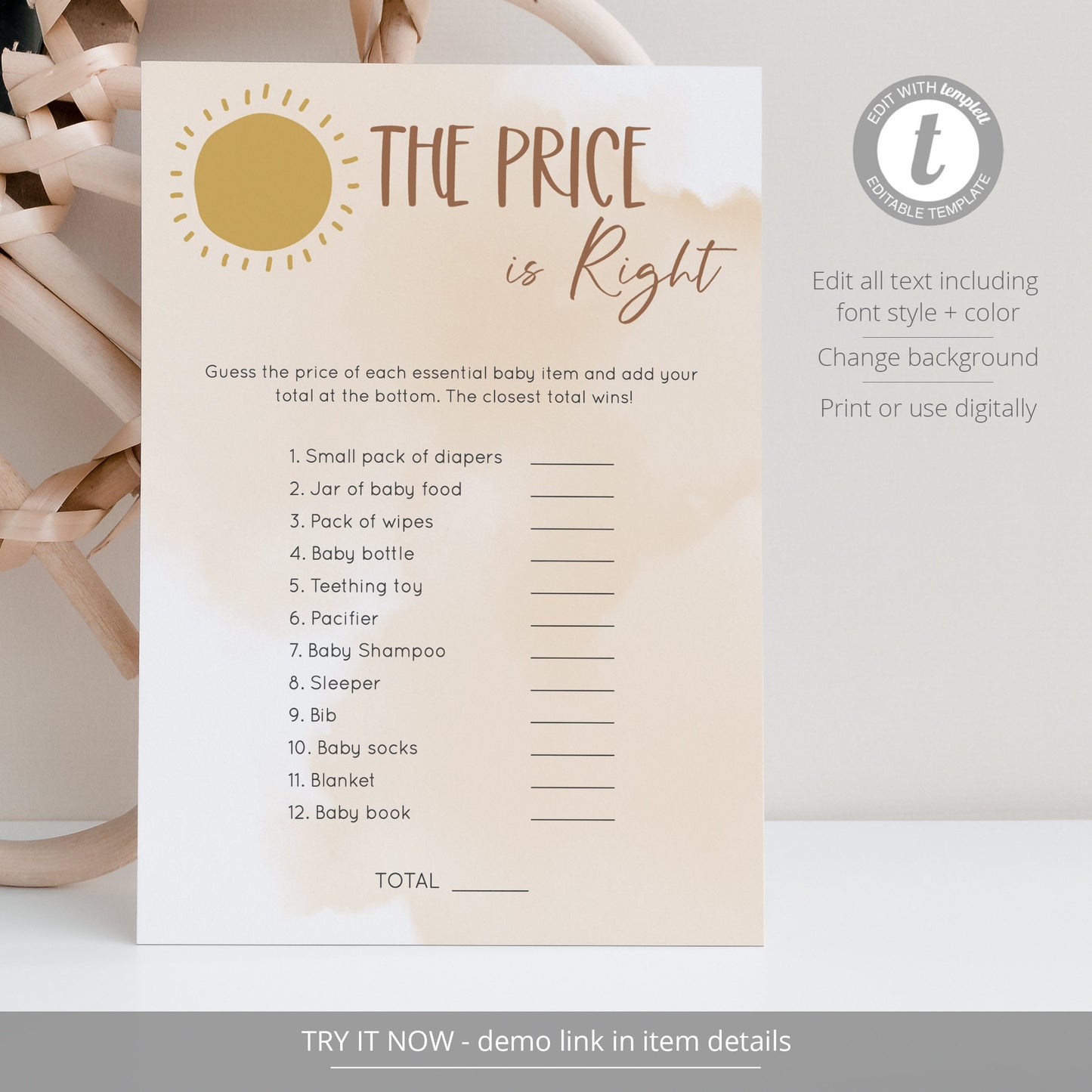 Editable The Price is Right Baby Shower Game Baby Shower Games Boho Sunshine Baby Games Template