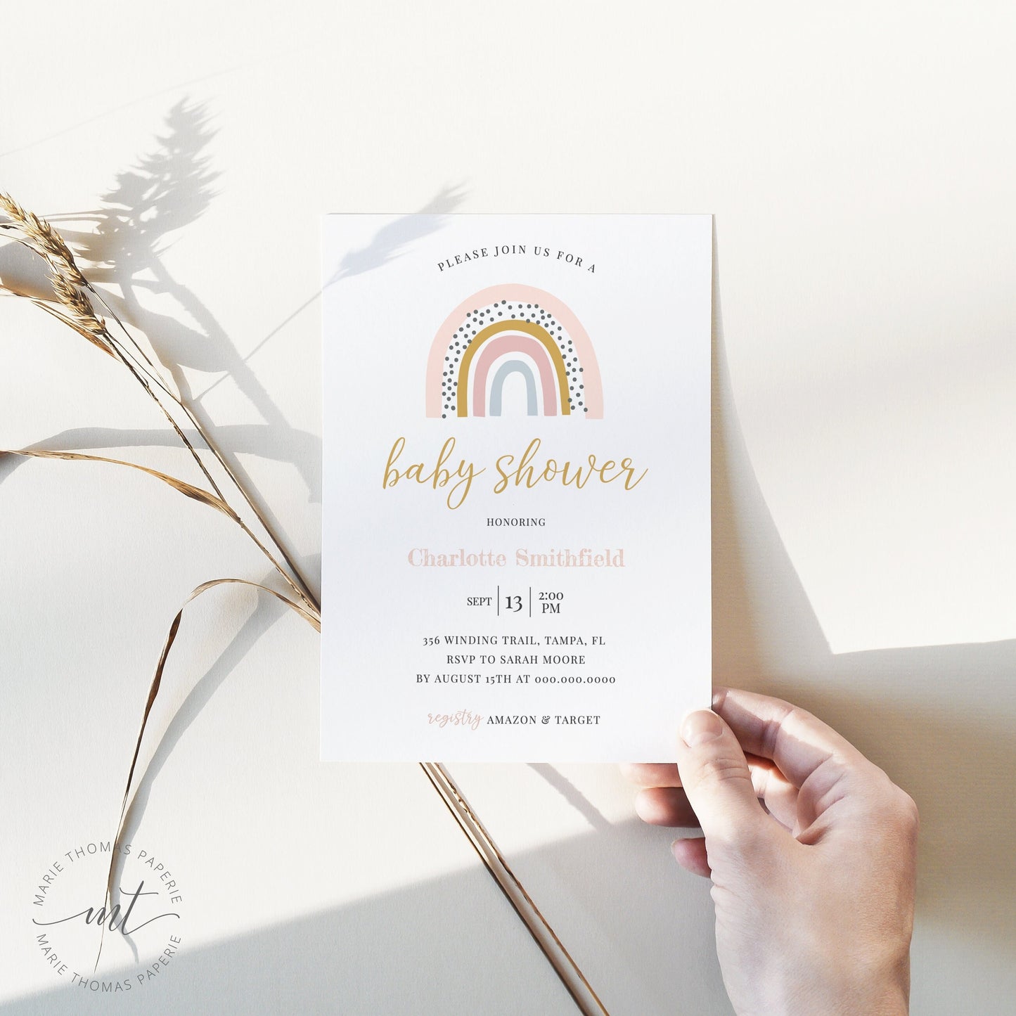 Editable Boho Rainbow Baby Shower Invitation Baby Girl Shower Invite Blush Pink Shower Invitation Template