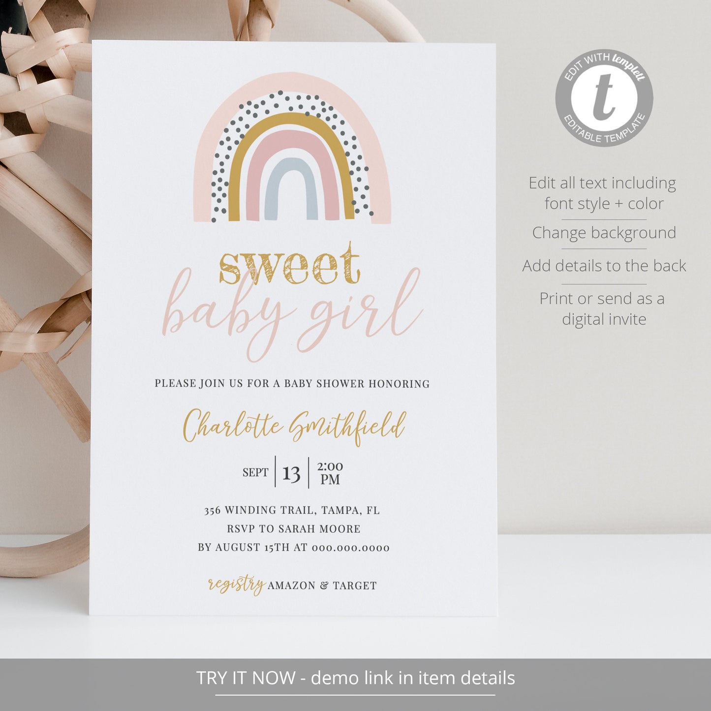 Editable Rainbow Baby Shower Invitation Sweet Baby Girl Shower Invite Blush Pink Shower Invitation Template