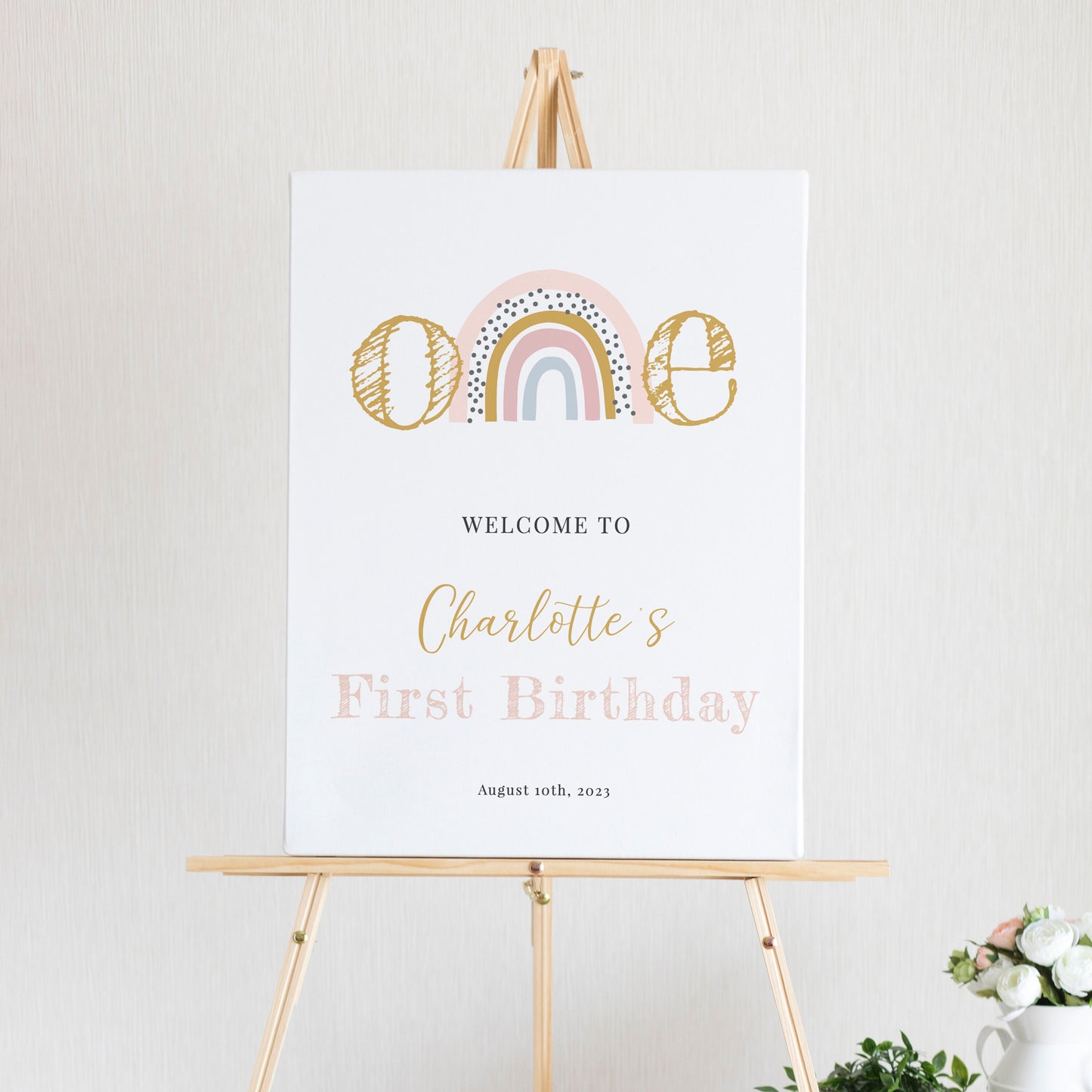 Editable Rainbow First Birthday Welcome Sign Blush Pink Birthday Welcome Poster Baby Girl Welcome Sign Template