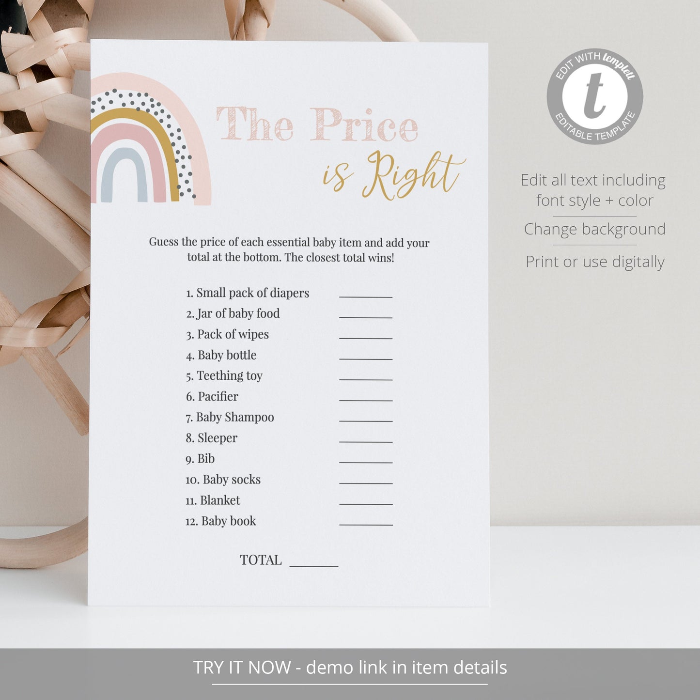 Editable The Price is Right Baby Shower Game Boho Baby Shower Games Rainbow Baby Games Template