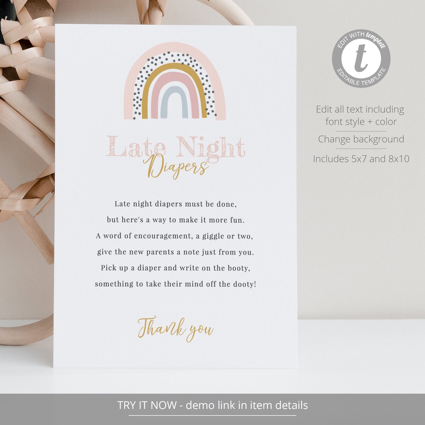 Editable Late Night Diapers Sign Rainbow Baby Shower Games Blush Pink Baby Games Template