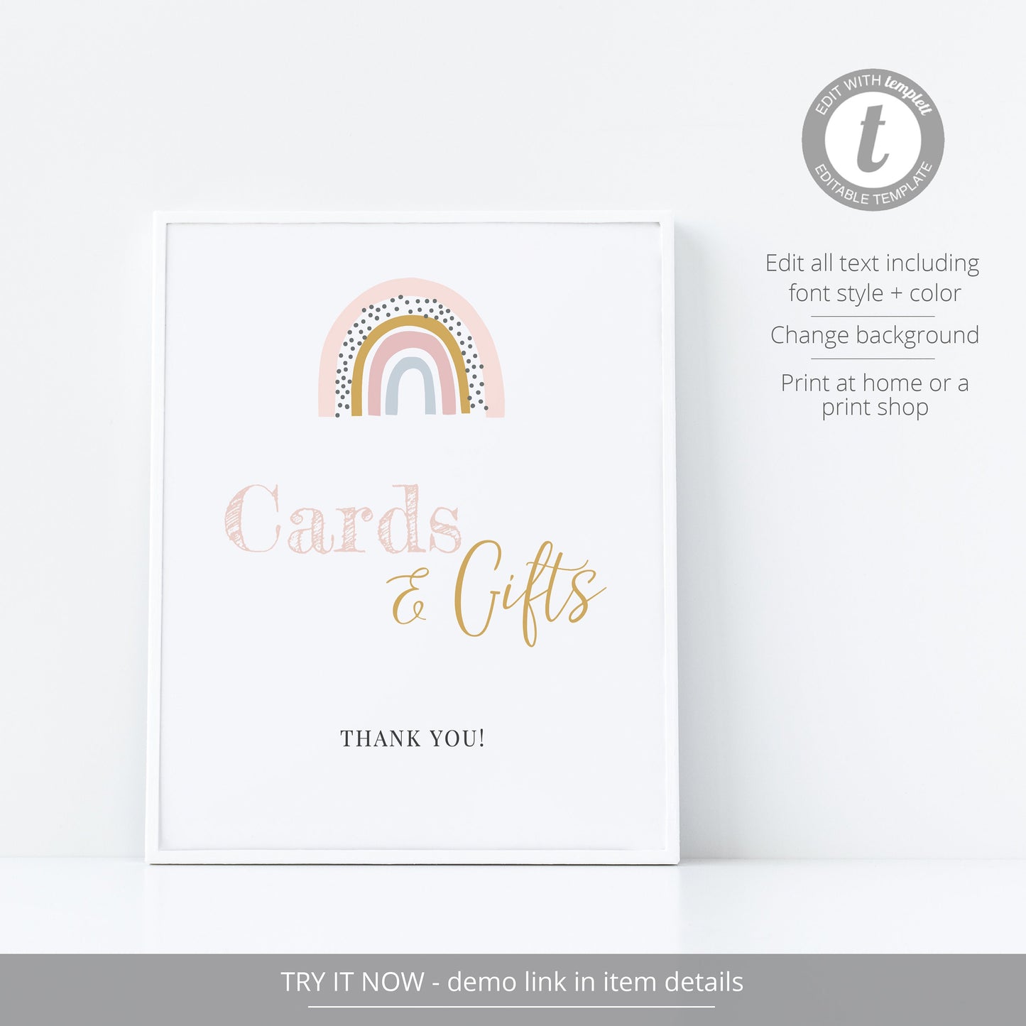 Editable Rainbow Cards and Gifts Sign Pink Rainbow Baby Shower Sign Boho Pink Baby Shower Sign Template