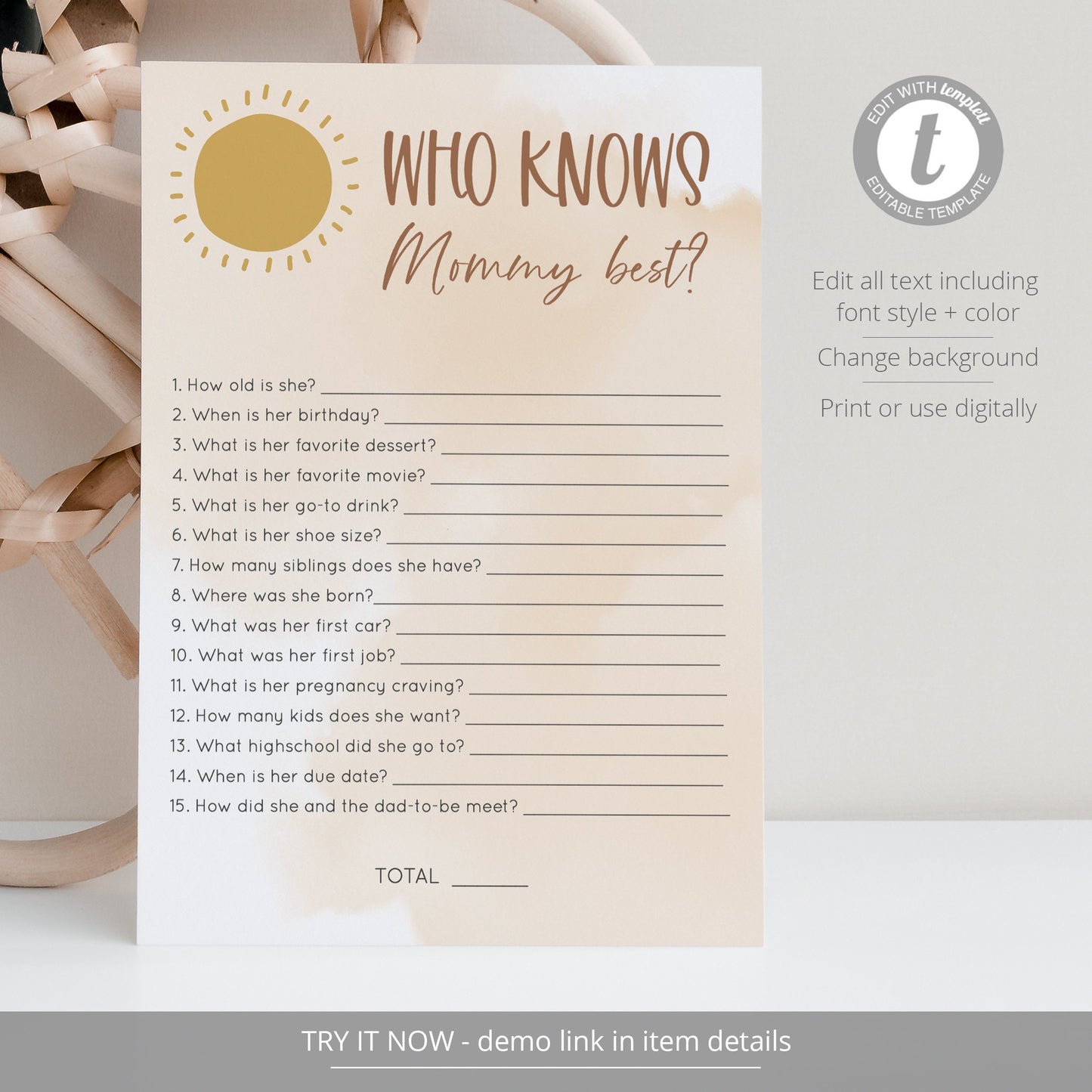 Editable Who Knows Mommy Best Baby Shower Games Boho Sunshine Baby Games Template